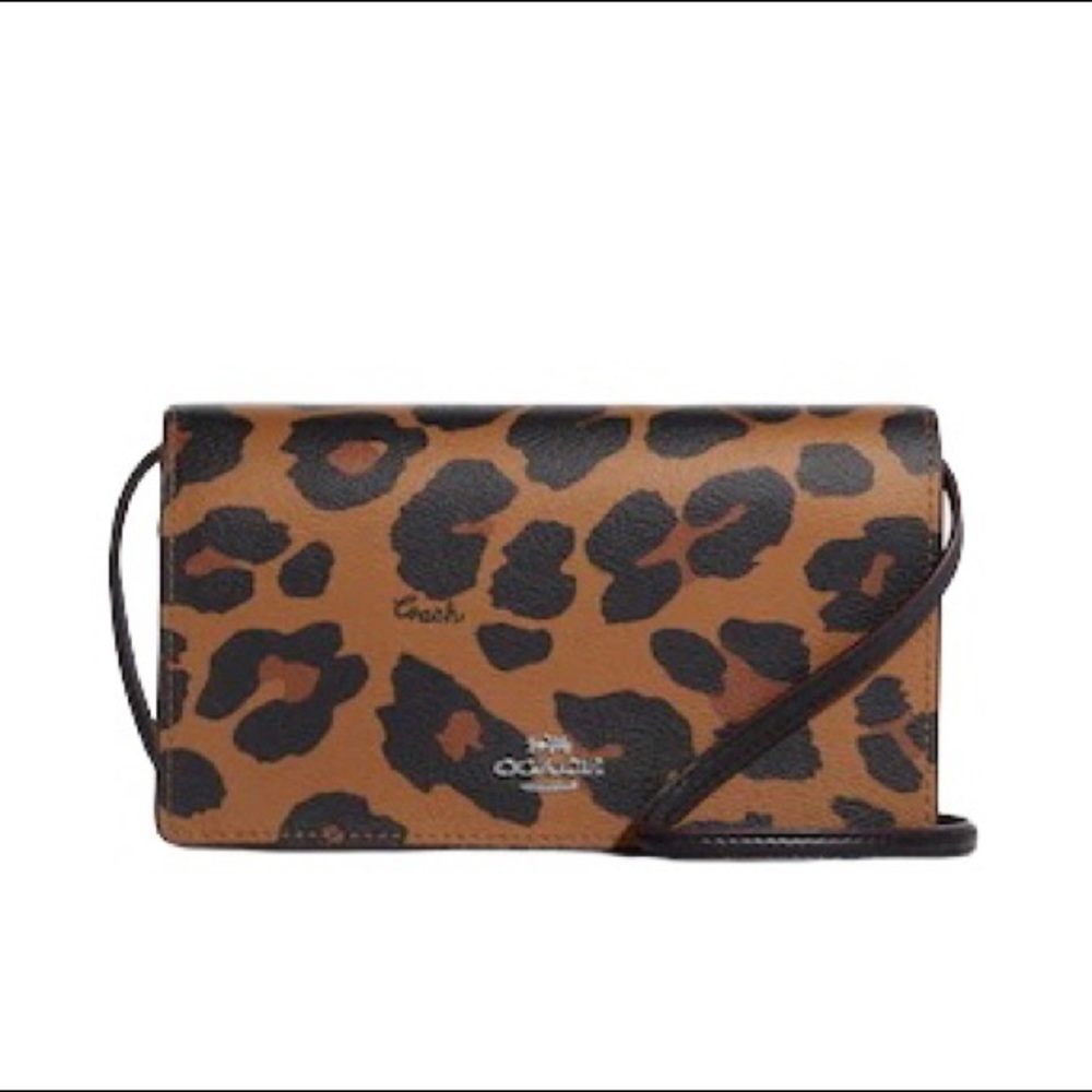 Coach Anna Foldover Clutch Crossbody With Leopard Print And Signature Canvas - Picture 1 of 5
